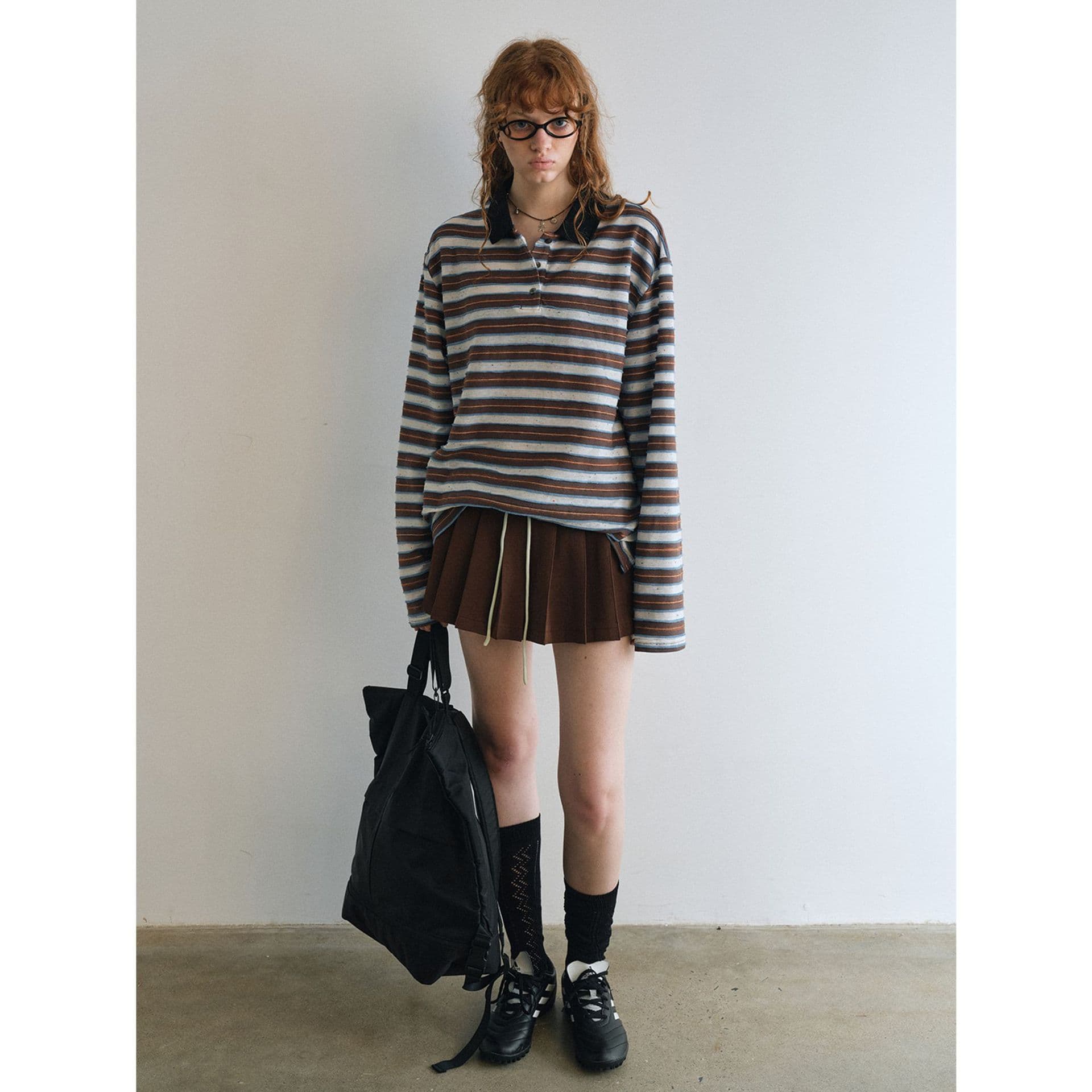 [Shishi] New Cotton Blend Retro Color-Blocking 3D Striped Woven Long-Sleeve Polo Shirt Top for Women V9402