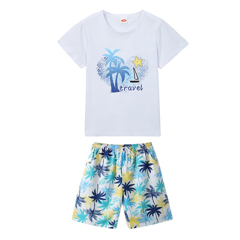 Family Matching Outfits for Four: Couple, Mother-Daughter, Sanya Vacation Sun-Protection Coconut Tree Style Dopamine Beach Set