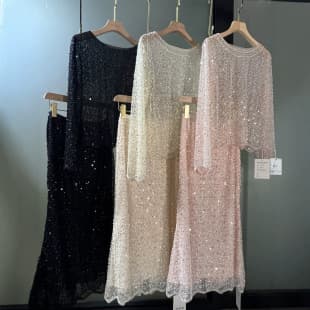 2025 Autumn New Elegant Chiffon Long-Sleeve Dress Set with Beaded Sequins Socialite Style 8379+6192