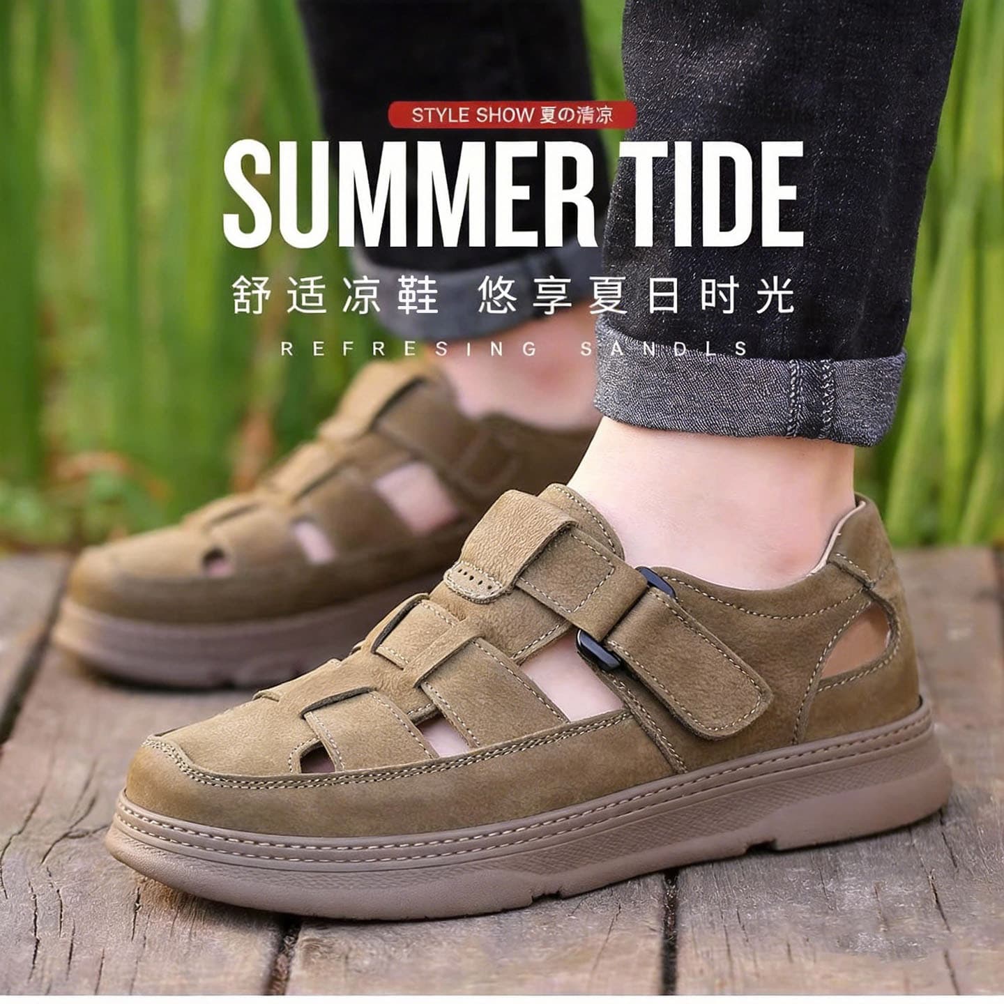 Soft Leather Comfortable Closed-Toe Sandals 2026 Summer New Style Genuine Leather Velcro Men's Comfortable Lightweight Men's Shoes