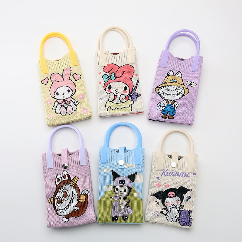 New cartoon single shoulder cute knitted mobile phone bag for women, Korean style, versatile crossbody bag, travel coin purse, small handbag