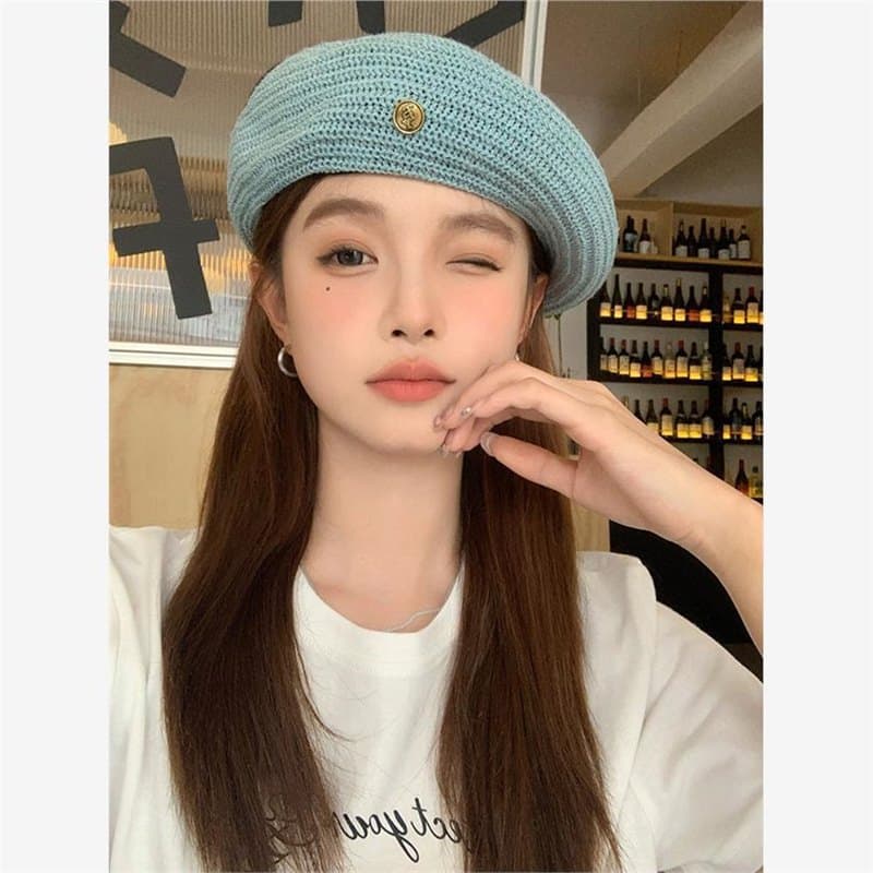 Ins Style Women's 2024 New Thin Breathable Spring Summer Hat Hollow Beret Versatile Face Slimming Painter Hat