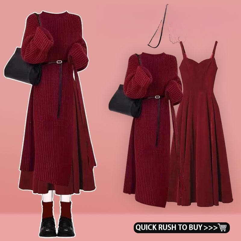 Winter Set Women 2026 New Arrival Ankora Red Christmas Outfit Knit Sweater Dress with Slip Dress Two-Piece Set