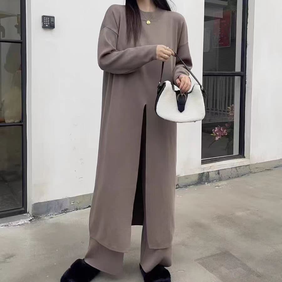 Cross-border Knit Top and Pants Two-Piece Set, Lazy Style Split Sweater, Fashionable and Elegant Color, Loose Pullover