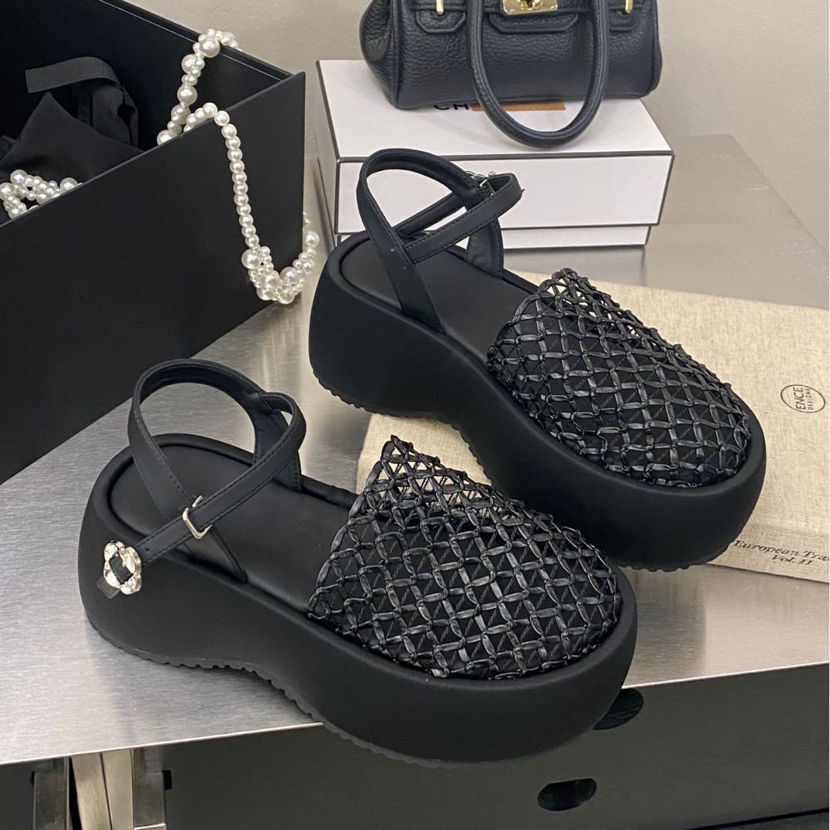 5138-19~New Summer 2026 Platform Thick Sole Wedge Woven Open Toe Roman Sandals for Women