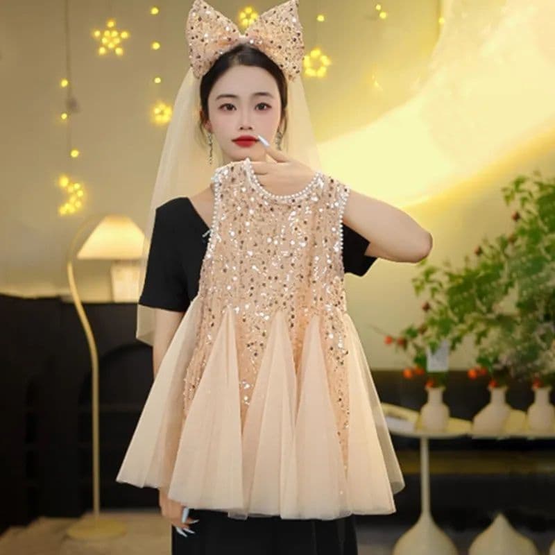 Girls Summer Dress 2025 New Fashionable Little Girl Tulle Dress Sleeveless Sequins Princess Birthday