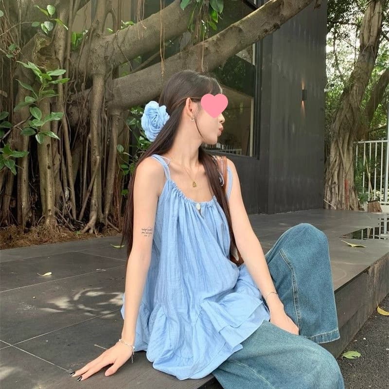 Fresh Ruffle Edge Tankvest Women's Summer Seaside Vacation Soft Unique Top Chinese Style Spandex Material Strap Vest