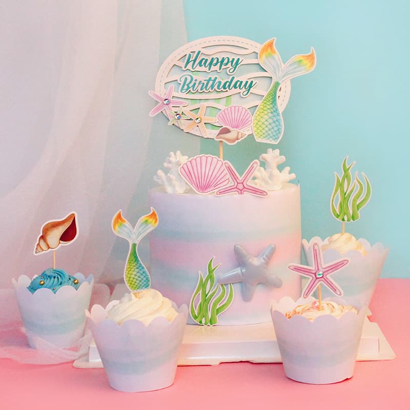 Summer Seashell Starfish Seaweed Mermaid Happy Birthday Cake Topper Ocean-Themed Baby Birthday Party Decoration