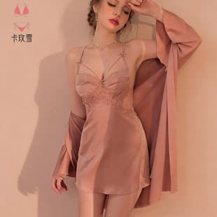 Kameixue Sexy Sleepwear Simple Sheer Breathable Push-up Sleepwear Comfortable Slip Dress Homewear Set Women 2003