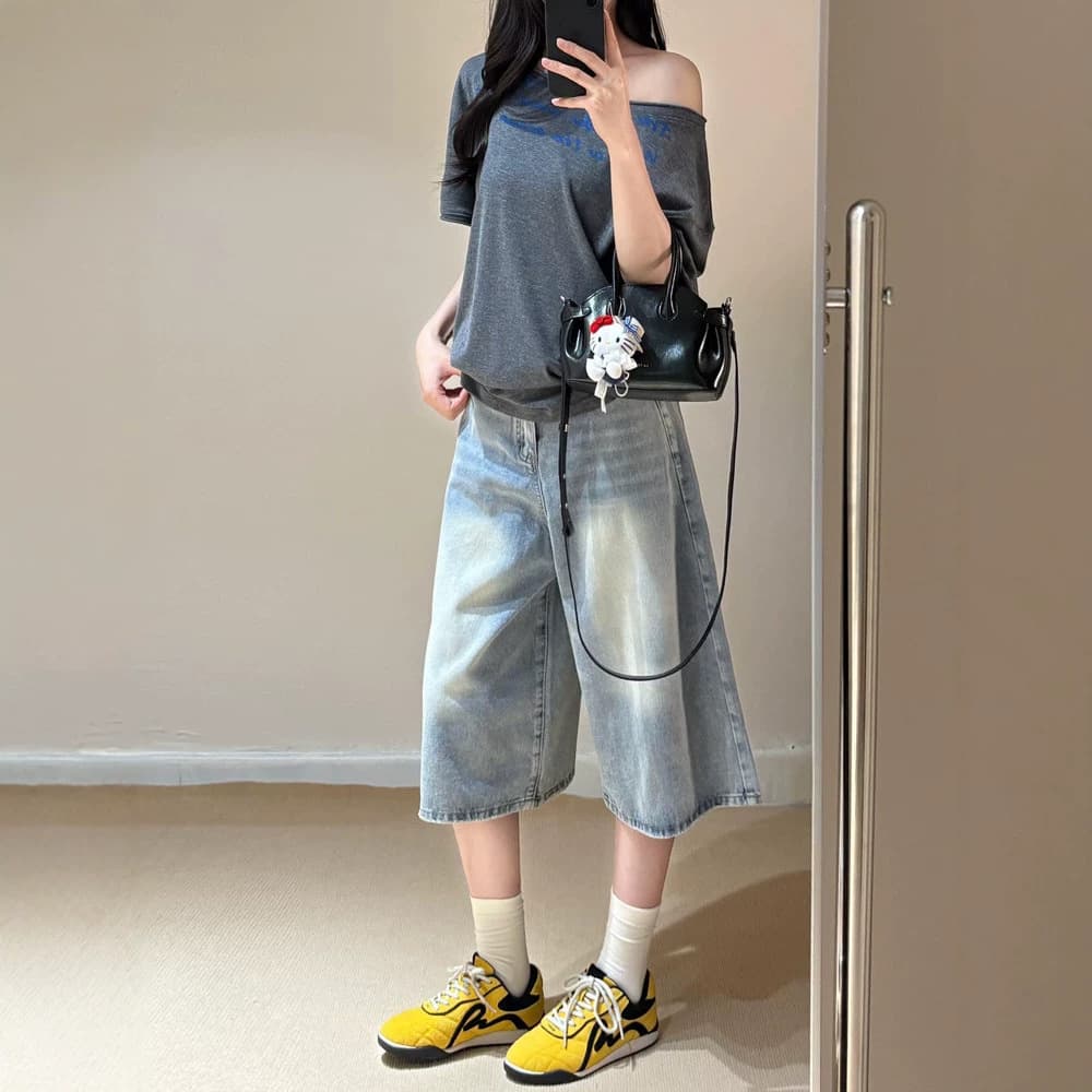 American retro washed light-colored denim three-quarter mid-pants women's summer new loose slimming straight wide-leg shorts