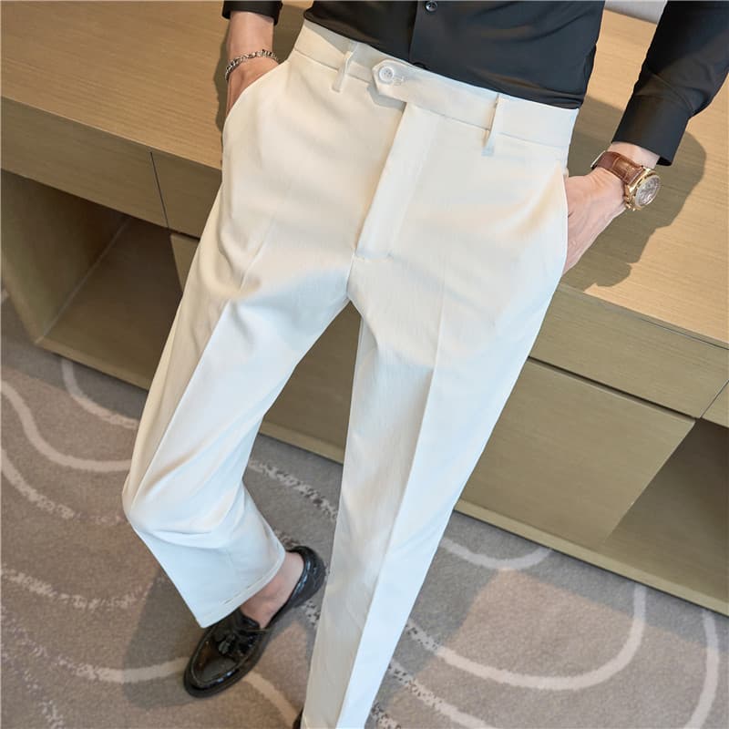 Korean slim-fit men's casual trousers, slightly stretchy straight-leg long pants for young men, versatile slimming white pants