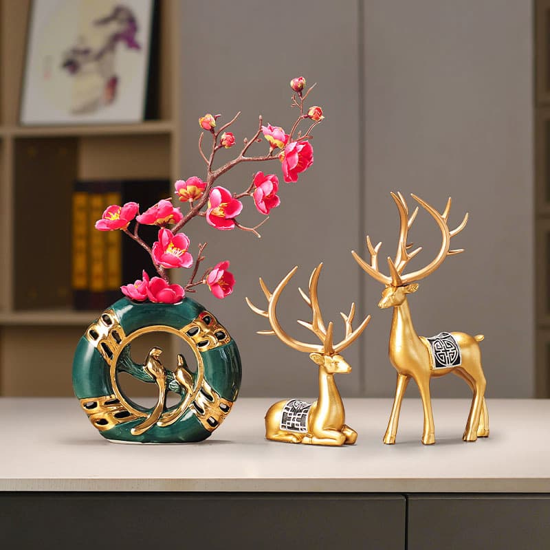 Wholesale New Chinese Style Ceramic Vase Deer Ornament Decoration for Homestay Hotel Living Room Entryway Zen Moving Gift