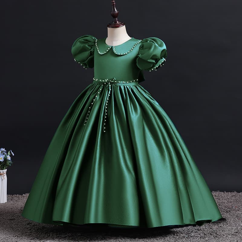 Girls' dress with puff sleeves, little girl's green skirt, children's lapel satin piano performance dress, one-year-old dress