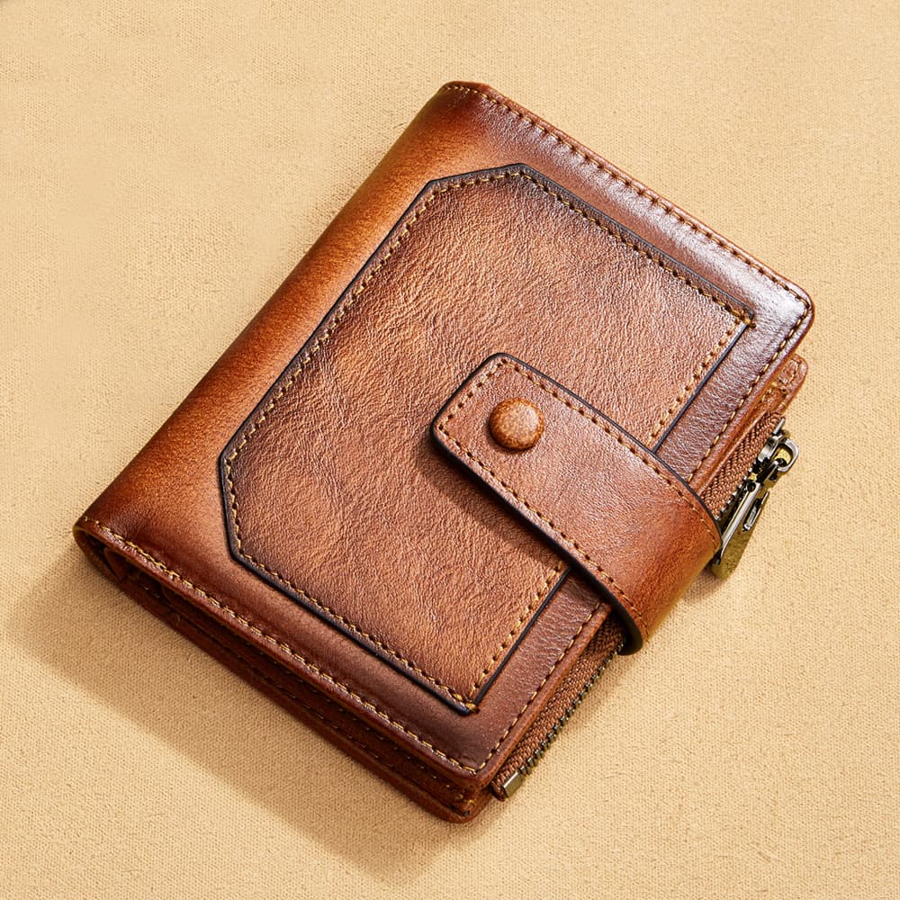 Men's Short Zipper Wallet Genuine Leather RFID Anti-Theft Cowhide Wallet Urban Simple Style Contrast Color Pure Color