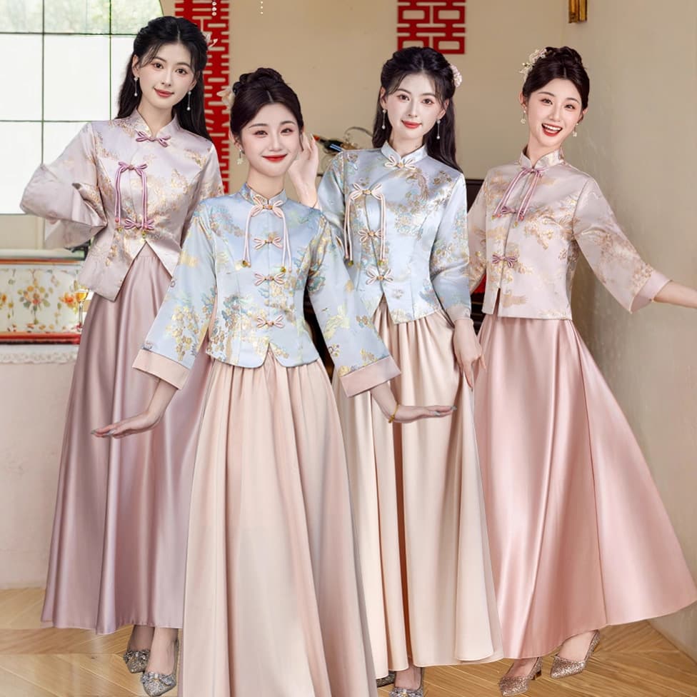 Chinese-Style Bridesmaid Dress for Spring and Autumn Weddings, Chinese-Style Bride Wedding Bridesmaid Group Sister Dress, Slimming Cheongsam Gown