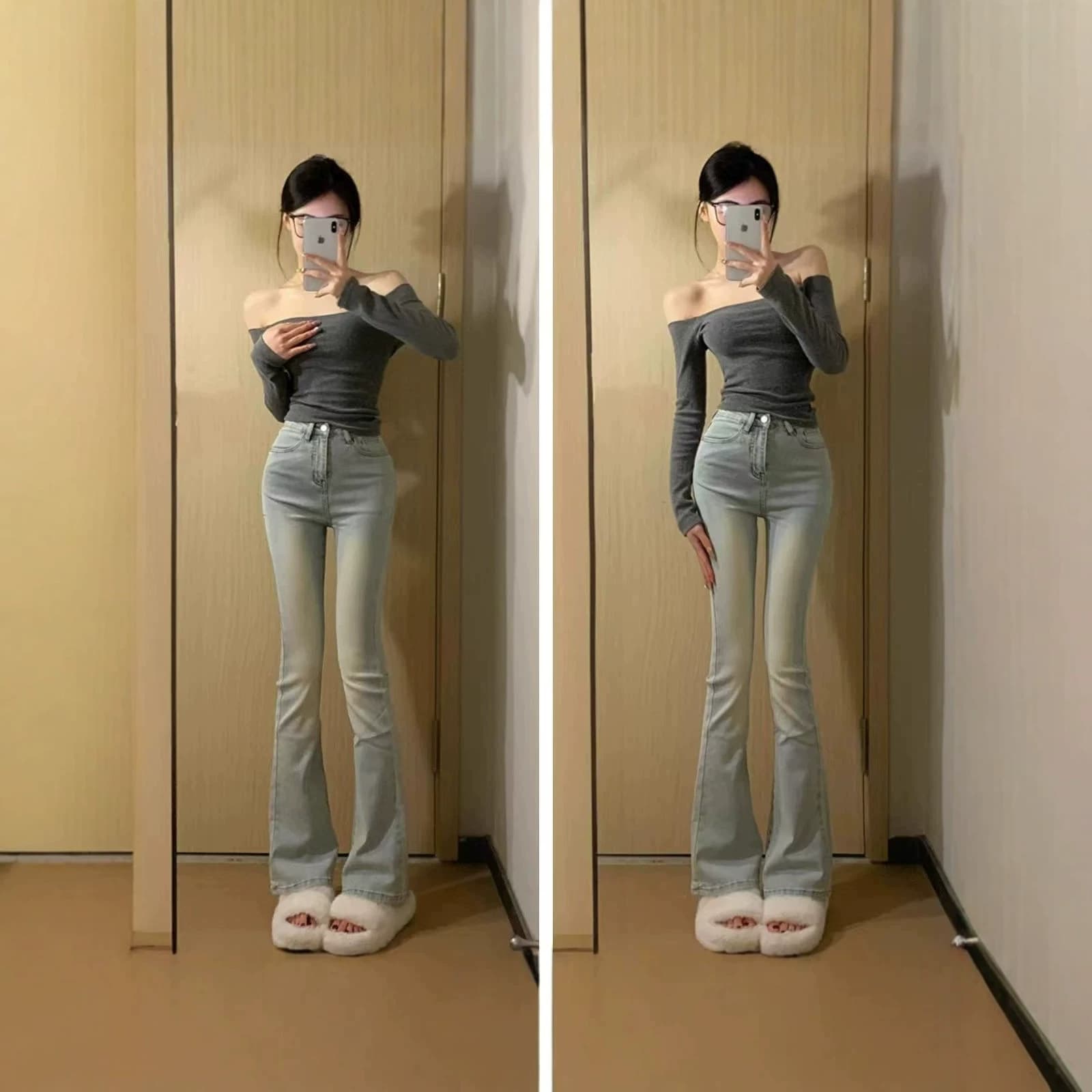 Washed blue American nostalgic bootcut jeans for women, thin spring and summer 2026 new low-waist slim stretch flared jeans