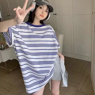 Blue Striped American Style Short Sleeve T-Shirt Women Summer Mid-Length BF Lazy Style Loose Plus Size Slimming Casual Top