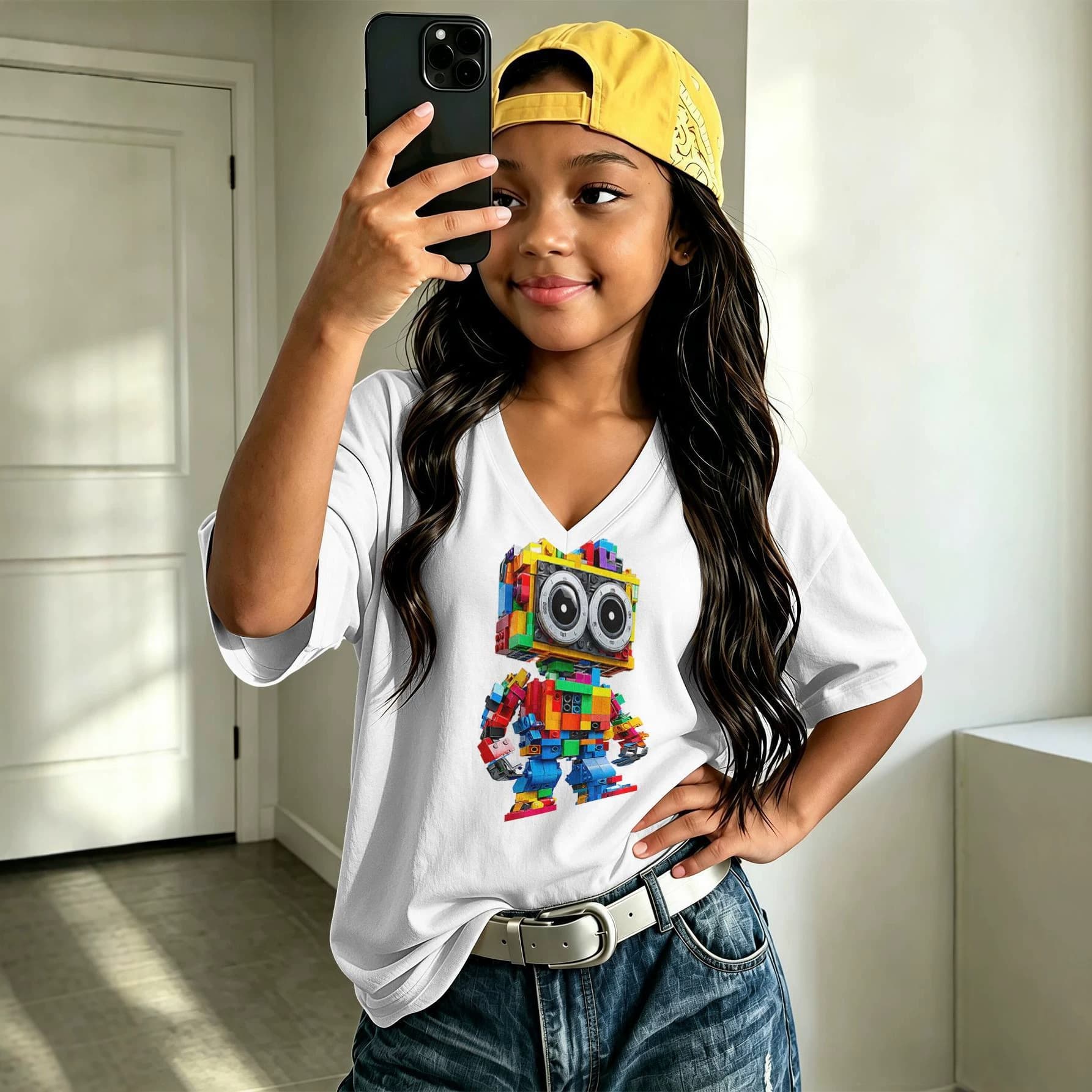 1688 Cross-Border Wholesale Building Block Robot Print Breathable Girls' V-Neck T-Shirt Children's Casual Base Shirt