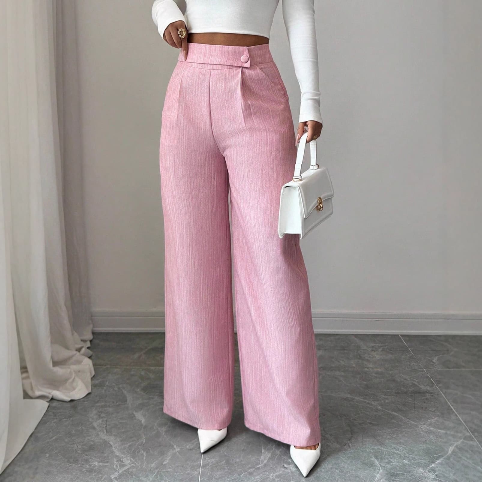 European and American women's high-waist pink trousers with waist button design, elegant casual loose straight-leg pants