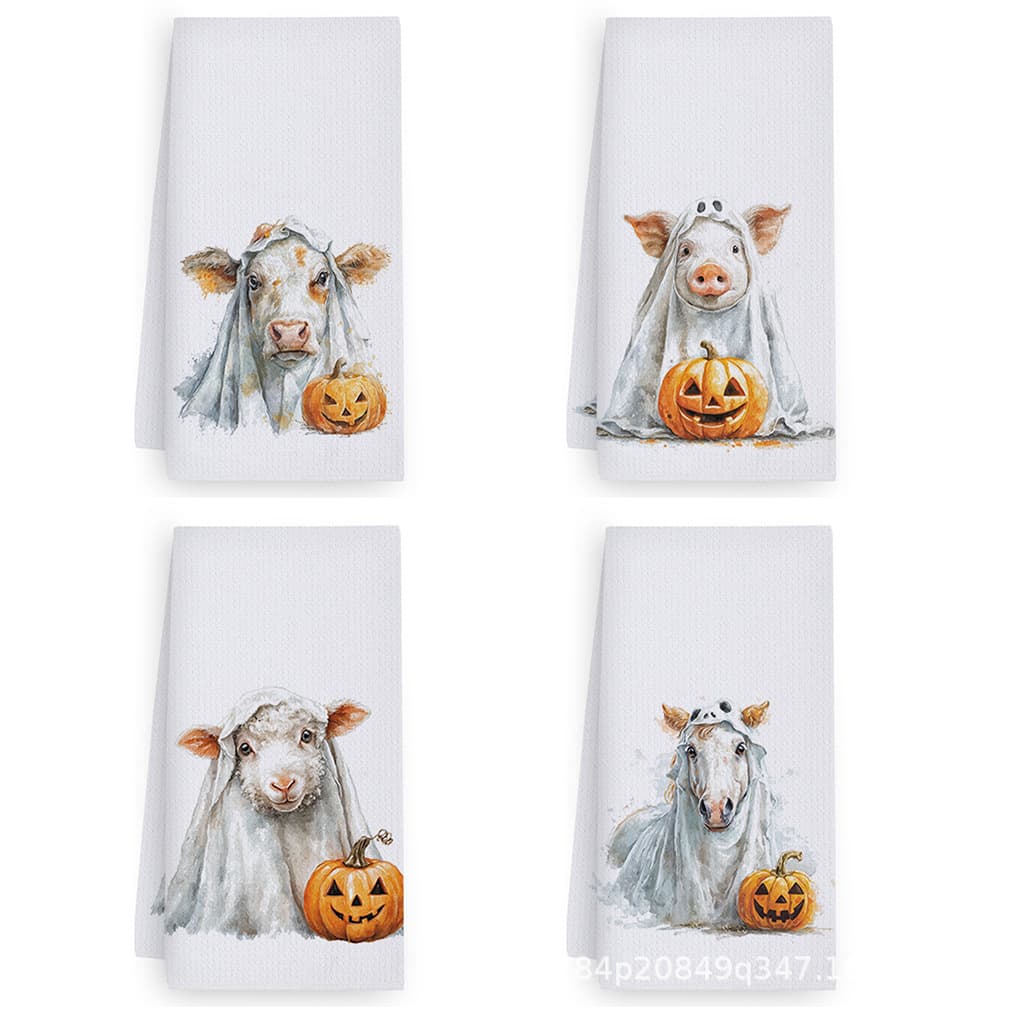 Cross-border hot-selling cute cow, pig, sheep, horse, and pumpkin printed towels, Halloween kitchen dishwashing rags, tea towel wholesale