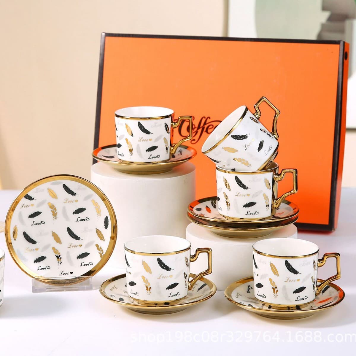 European Ceramic Coffee Cup & Saucer, Cross-Border 6 Cups & 6 Saucers Gold-Plated Ceramic Cup Set, Middle East Cup & Saucer Gift Box Tea Cup