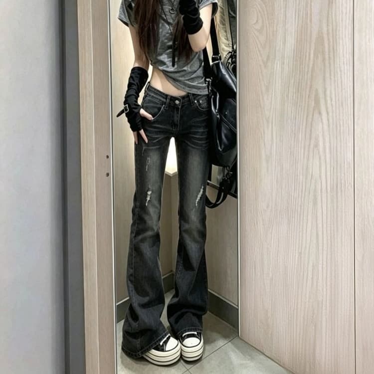 American retro worn small black bootcut jeans for women summer slimming mid-low waist floor mopping pants