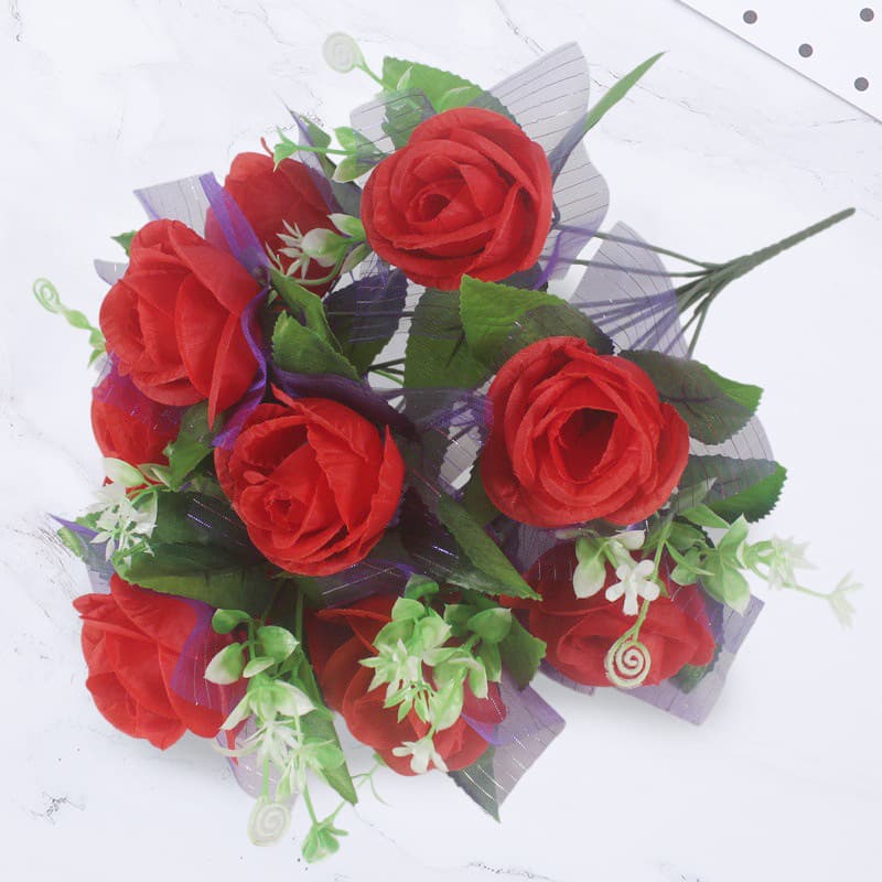 12-headed artificial flower bouquet featuring peaches and roses, perfect for wedding decorations and display.