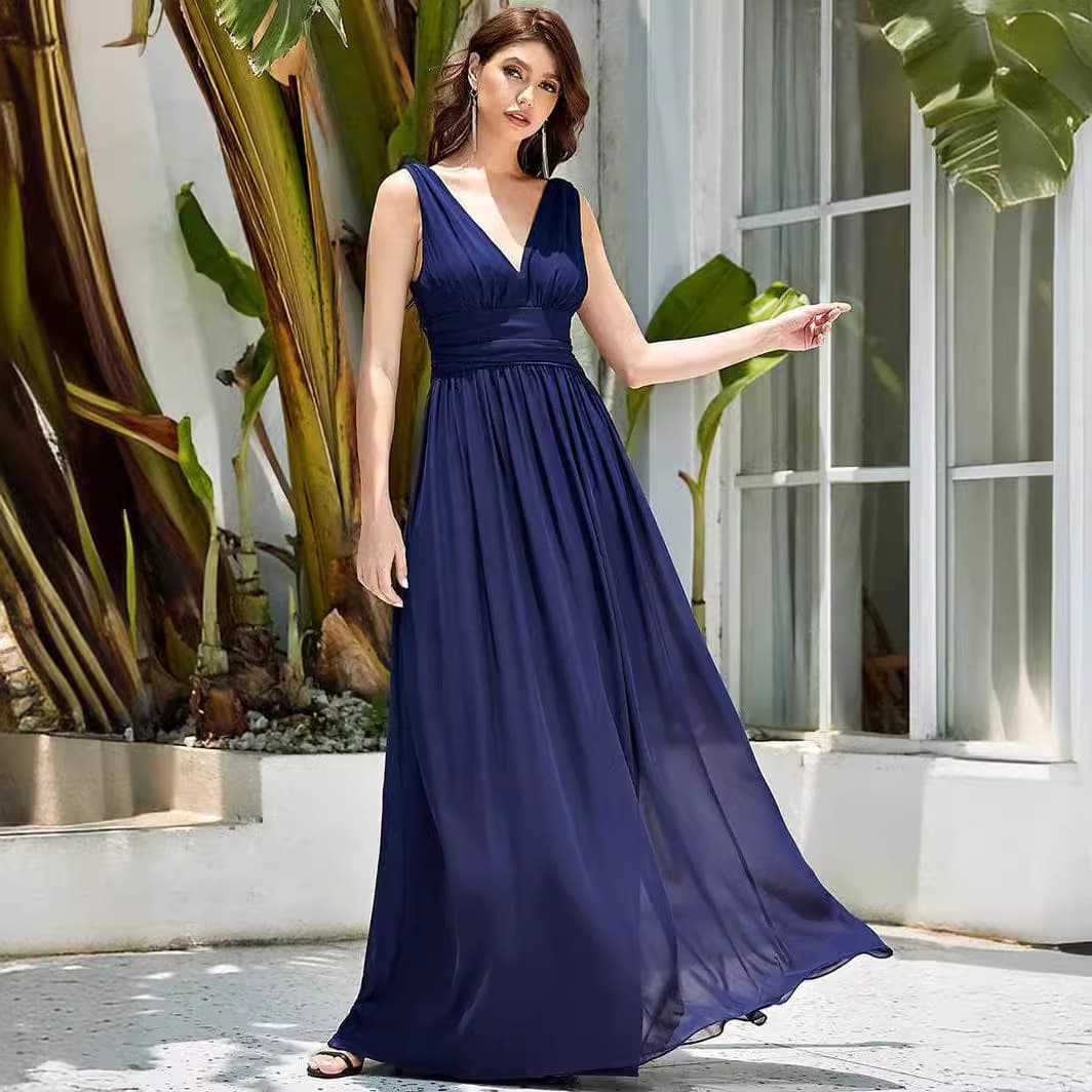 Cross-Border Trade Plus Size Deep V-Neck Bridesmaid Party Maternity Dress Solid Color High-Waist Dress