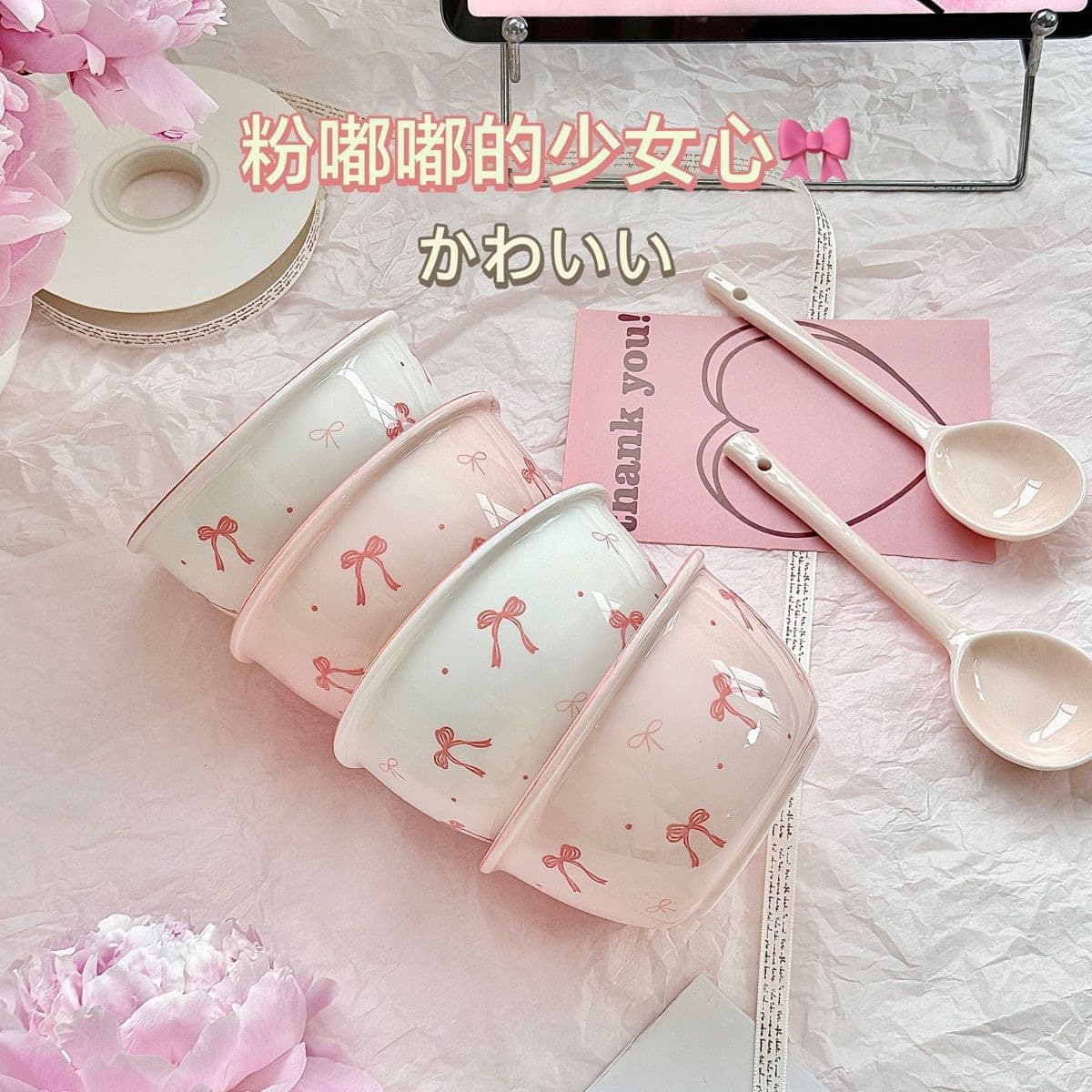 Adorable Ceramic Bowl and Spoon Set, High-Aesthetic Rice Bowls, Dessert Bowls, Underglaze Color Tableware, Couples and Student Bowls