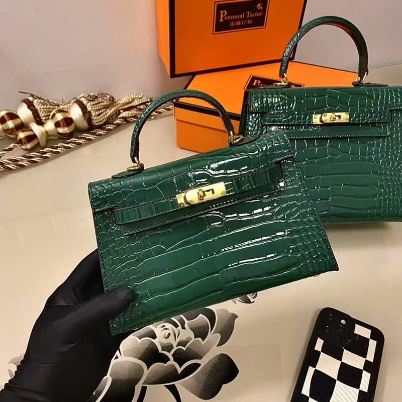 Genuine Leather Women's Bag with Crocodile Pattern, Mini Cowhide Bag, Second-Generation Kelly Bag, Handbag, Shoulder Bag, Crossbody Bag