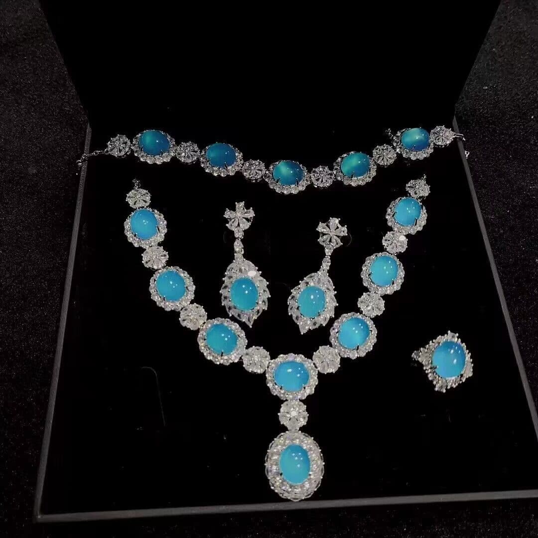 Wholesale Silver-Plated Sky Blue Chalcedony Dzi Bead Set Sky Blue Agate Earrings Bracelet Evening Dress Jade Four-Piece Set