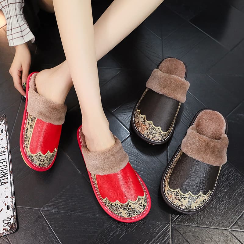 Haining Cowhide Home Indoor Non-Slip Solid Bottom Slippers for Couple Home Online Genuine Leather Slippers for Men and Women