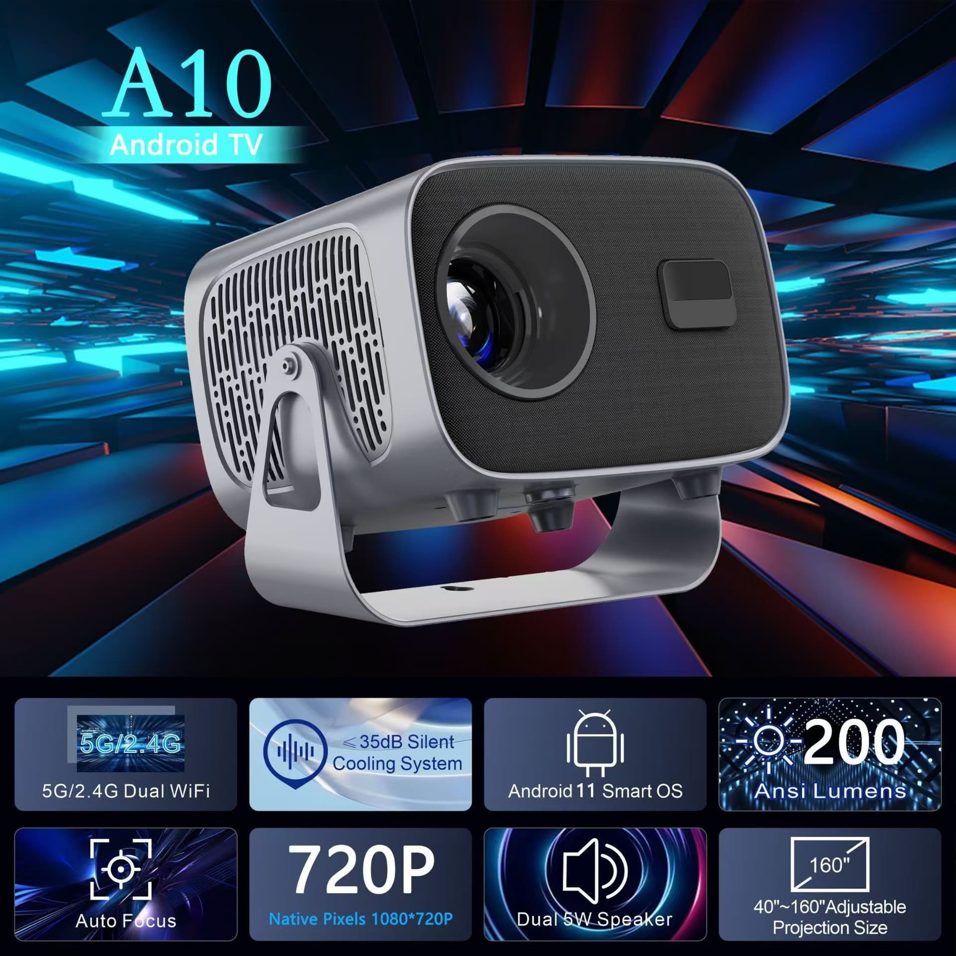 Cross-border Best Seller Auto Focus A10 Projector Android WiFi Projector 4K HD Mini Gimbal Portable