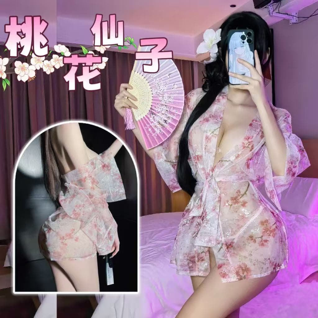 Sexy bronzing printed deep V Japanese kimono pajamas set see-through outer blouse pure lust bathrobe female sexy underwear