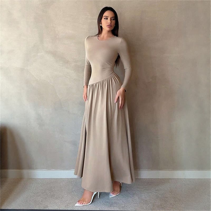Pure Desire Style Cross-Border Hot-Selling Long Dress, Solid Color, Long Sleeve, Round Neck, Ruched, Casual, Elegant, Slim Fit, Autumn Versatile Dress
