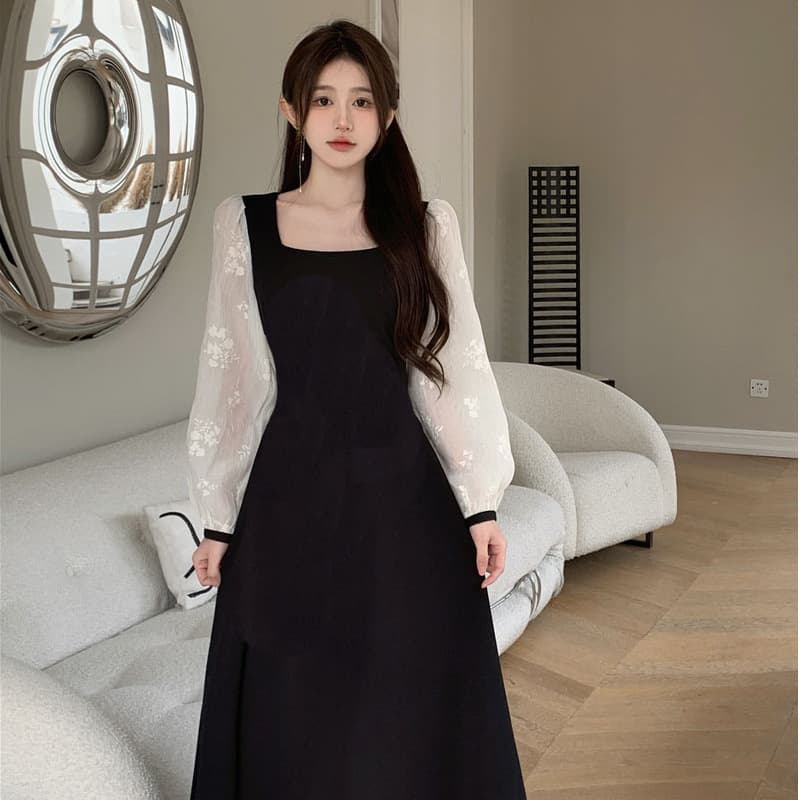 2025 Autumn/Winter New Dress French Style Gentle Square Neck Dress Faux Two-Piece Waist-Slimming A-Line Dress for Plus Size Women