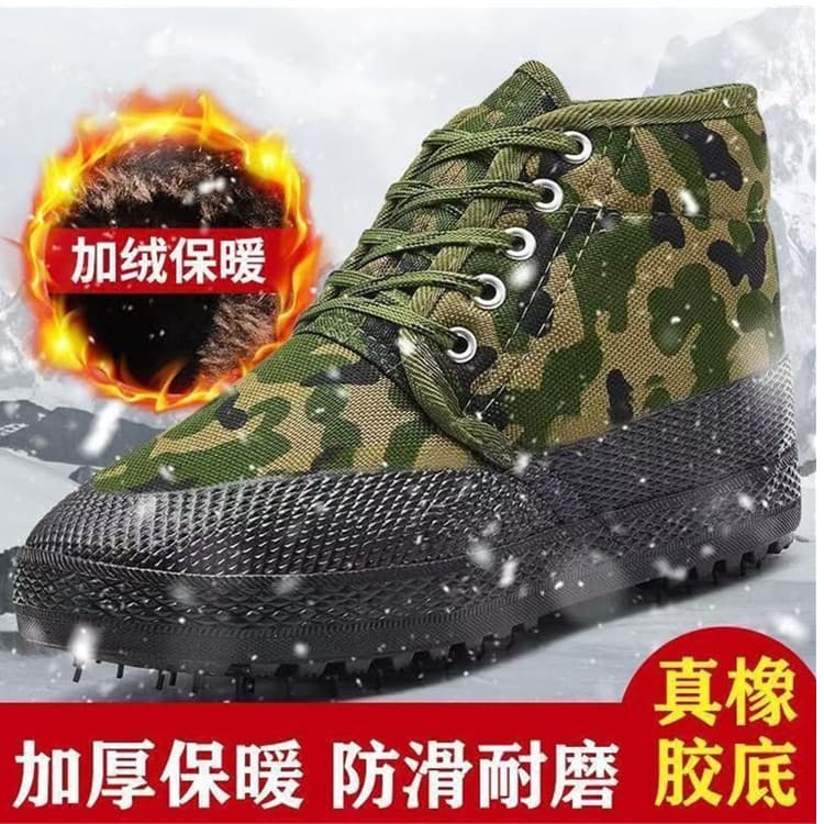 Rubber-soled, fleece-lined, thickened winter high-top cotton shoes for construction sites, non-slip and warm.