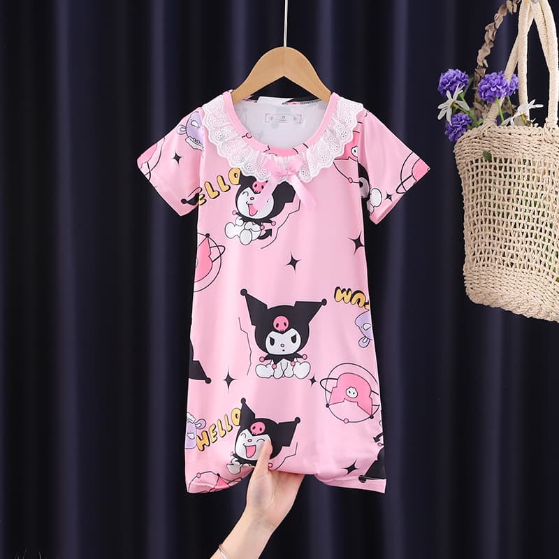 Children's Pajamas Summer Girls' Lace Short Sleeve Nightgown Cartoon Baby Kuromi Homewear Medium Kids Little Princess