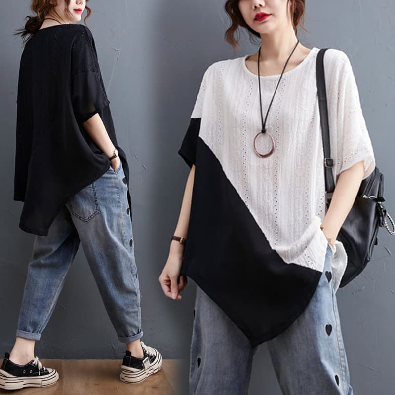 Plus Size Women's Summer Short Sleeve T-Shirt for 300 lbs, Loose Fit Concealing Belly, Chiffon Patchwork Top