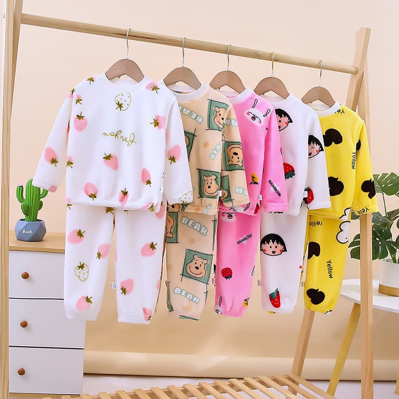 New Autumn/Winter Children's Fleece-Lined Pajama Set, Thick Thermal Underwear for Boys and Girls, Baby Homewear