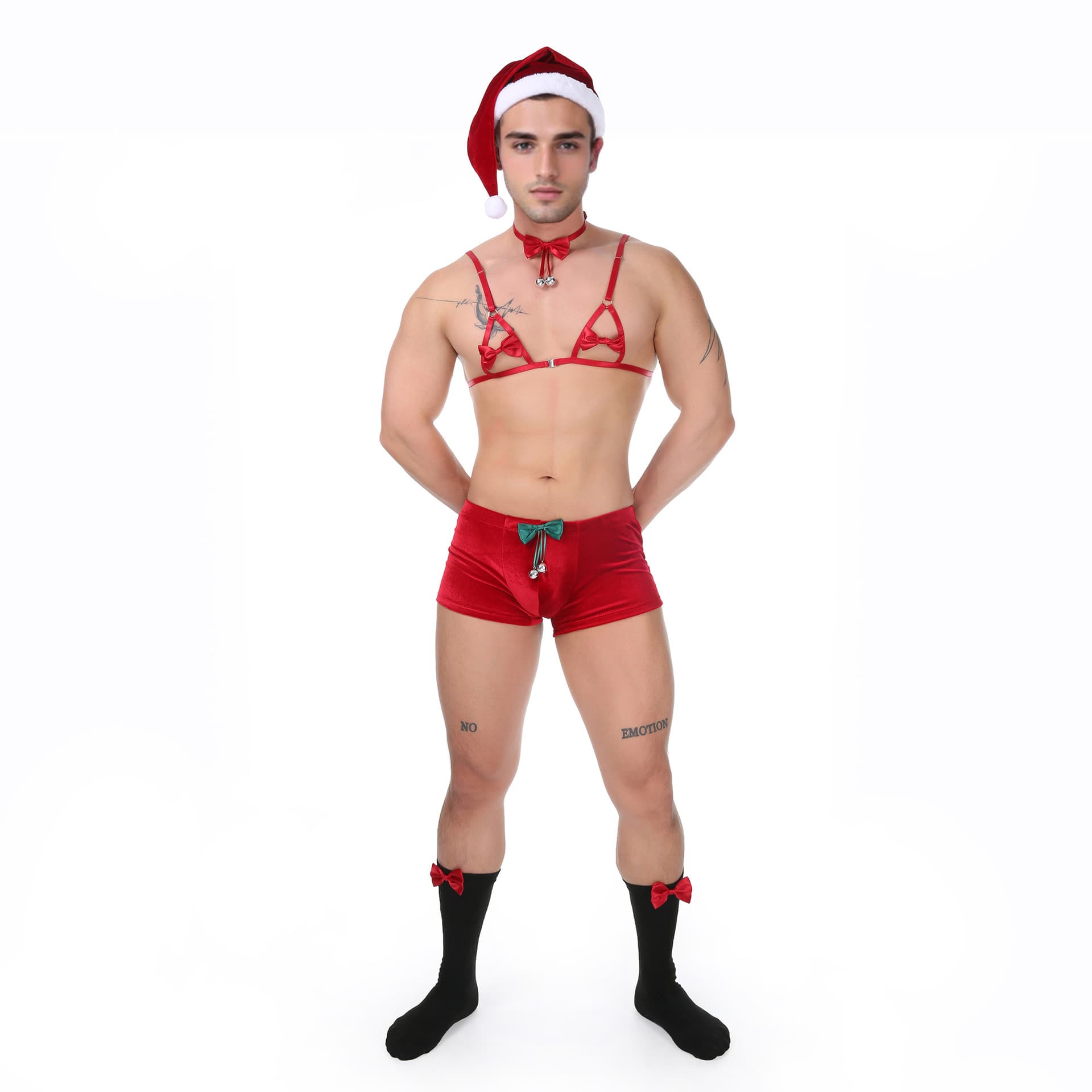 Cross-border Sexy Bow Bell Socks Lingerie Men's Santa Claus Performance Costume Bra Five-Piece Set