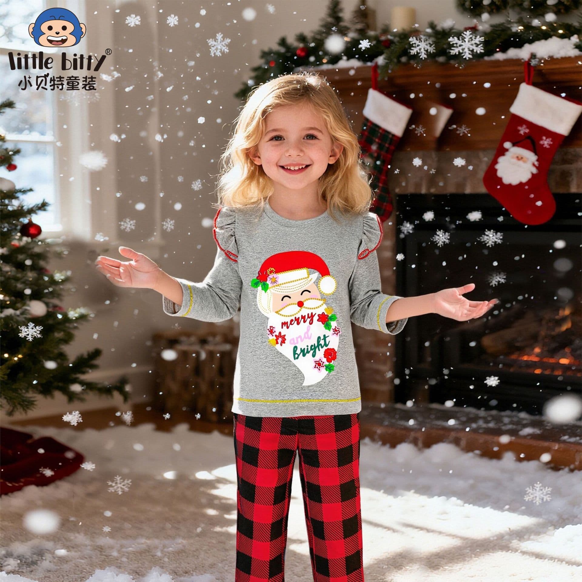 Cross-border autumn and winter Christmas children's clothing long-sleeved trousers suit cartoon Santa Claus print round neck two-piece set in stock