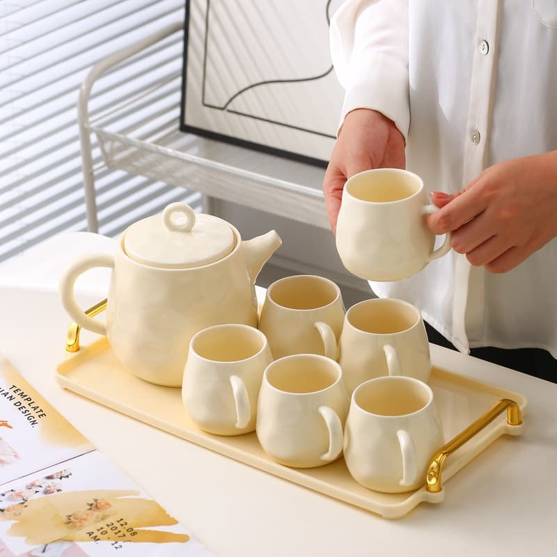 Ins Style Ceramic Mug Set with Tray, Living Room Tea and Coffee Cups, Housewarming Gift, High-End Water Pitcher and Teaware