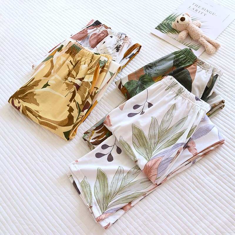 Women's Printed Cotton Knit Lounge Pajama Pants, Spring/Autumn Straight-Leg Loose Fit with Pockets