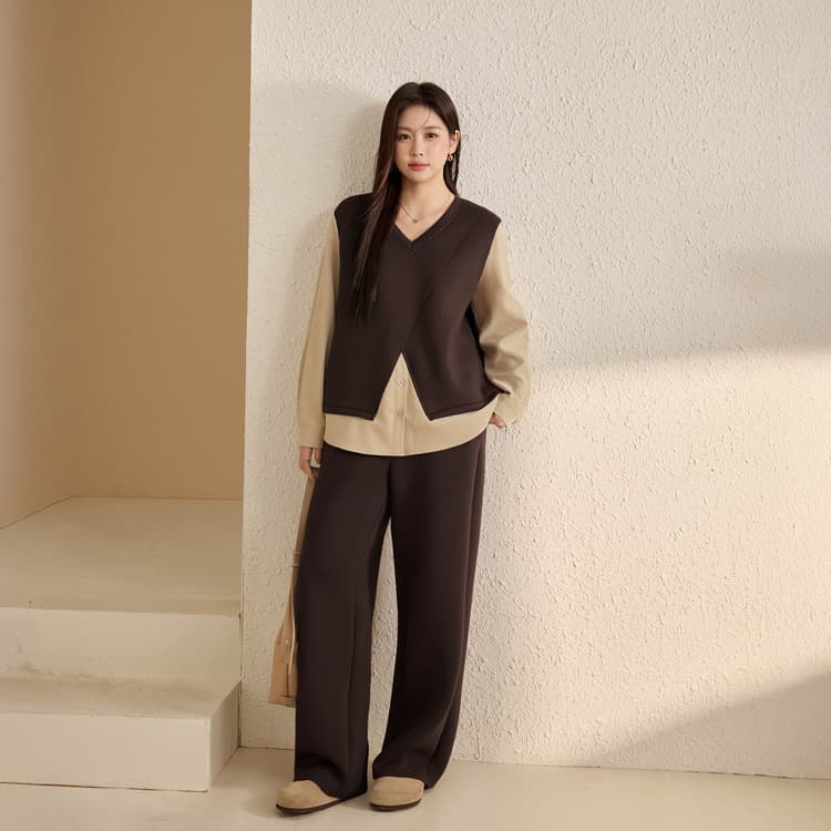 [Keratin Air Layer] Patchwork Design Two-Piece Set: Top and Casual Pants, Slim Fit Plus Size Winter New Arrival
