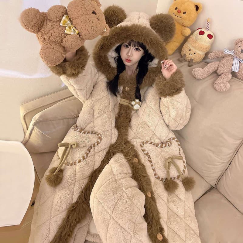 Three-Layer Quilted Cotton Pajamas for Women, Winter Style, Cute Bear Robe Set, Thickened and Fleece-Lined, Warm Long Robe, Loungewear