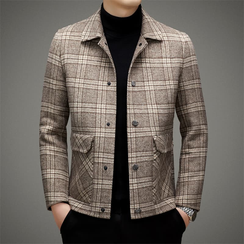 Men's Double-Faced Wool Short Jacket Plaid Fall/Winter Notch Collar Double-Faced Wool Coat Autumn Thickened Mid-Length Woolen Coat