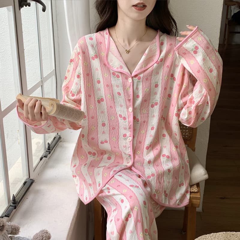 New Korean Autumn Cloud Cotton Long-Sleeve Women's Pajama Homewear Cardigan Set with Cute Cartoon Print