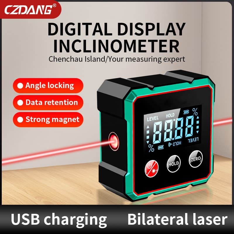 CZDANG Large Screen Digital Inclinometer with Four-Side Magnetic Attachment, 360-Degree Angle Measurement, Laser Level