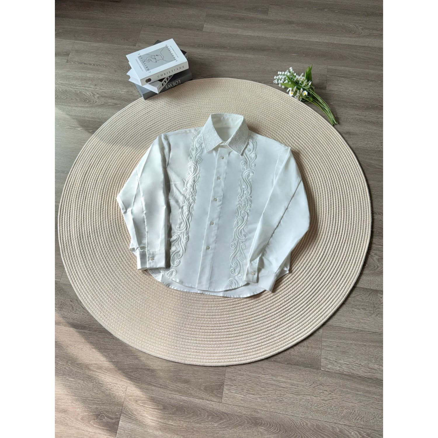Cross-border Trade Turquoise Embroidered Shirt for Men Spring Summer Old Money Style High-End Inner Layer Long Sleeve Shirt Outerwear
